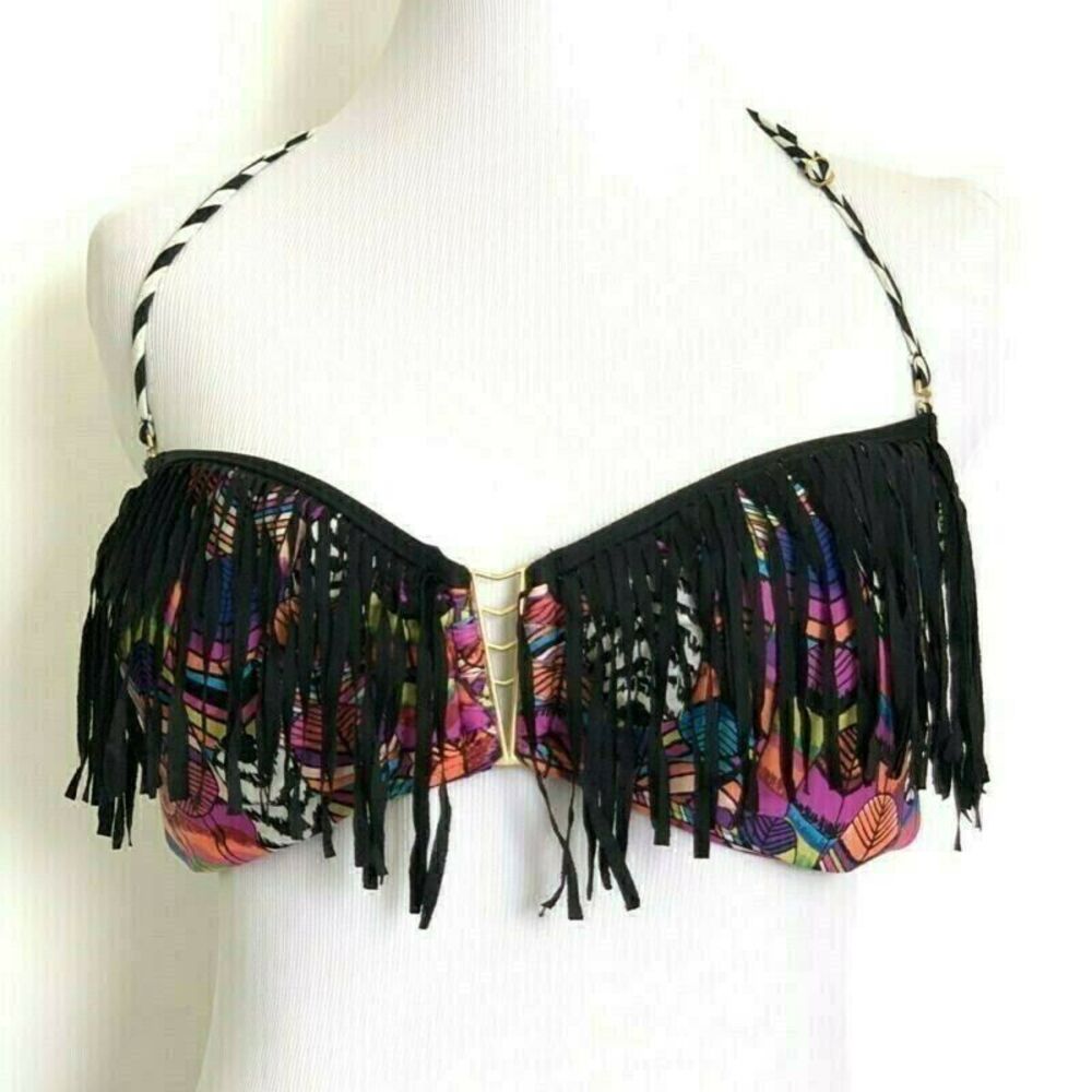$74 B.SWIM Los Angeles Boutique Bandeau Fringe Halter Bikini Top D Cup Summer L